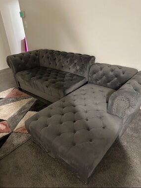Home Accents Gray Tufted Velvet Sectional Sofa with Nailhead Trim